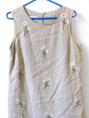 Talbots Sleeveless Linen Embroidered Daisy Shift Dress - Beige Sz 14P